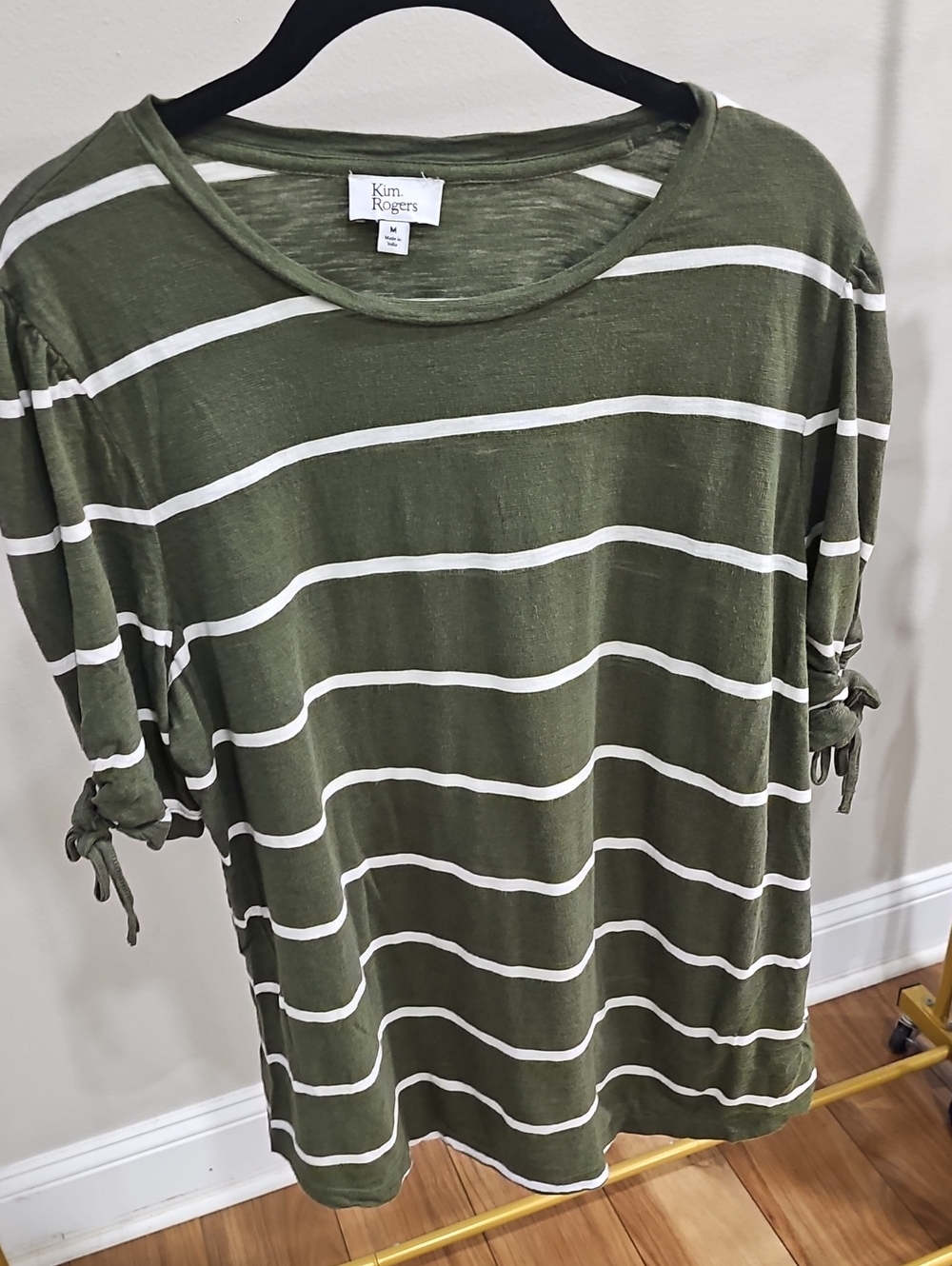 Kim Rogers Olive & White Striped Tie 3/4 Sleeve Top